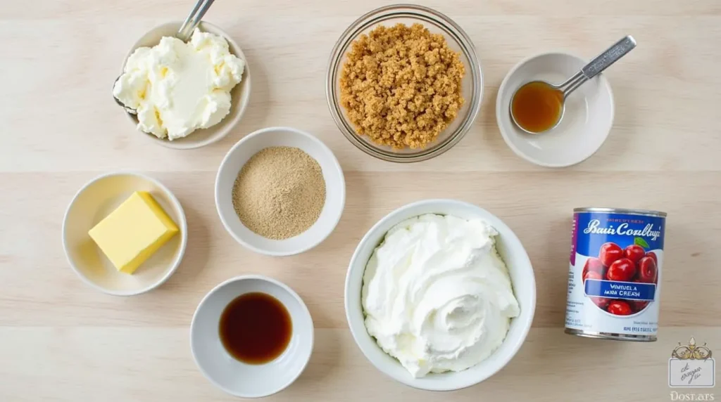 a neatly arranged lat lay of ingredients for no bake cherry cheesecake