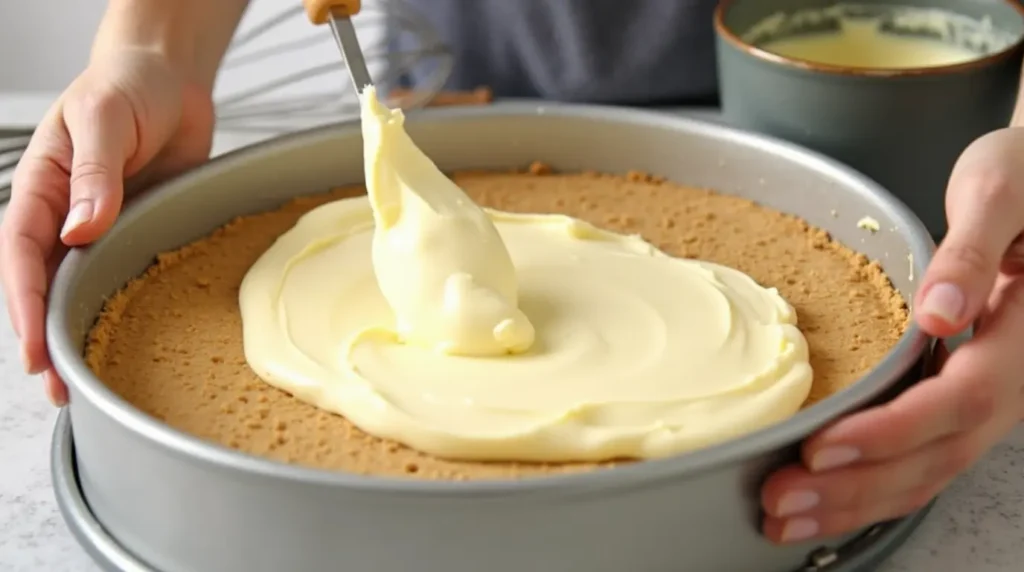 close up of hands spreading creamy cheesecake filling over a graham cracker crust in a spring
