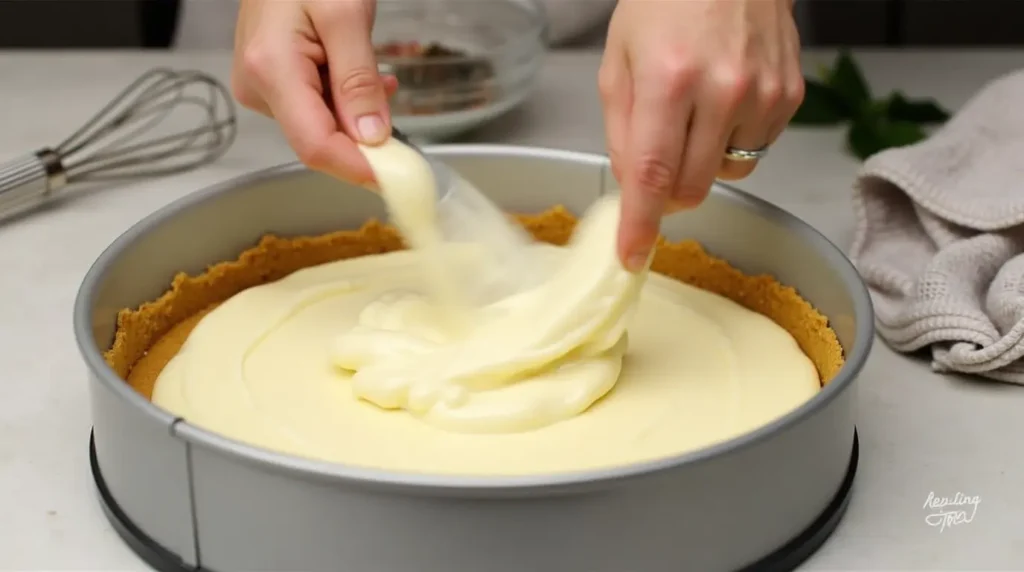 close up of hands spreading creamy cheesecake filling over a graham cracker crust in a spring