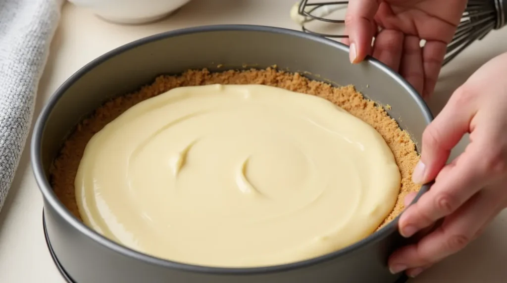 close up of hands spreading creamy cheesecake filling over a graham cracker crust in a spring