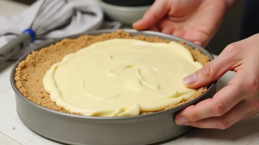 close up of hands spreading creamy cheesecake filling over a graham cracker crust in a spring